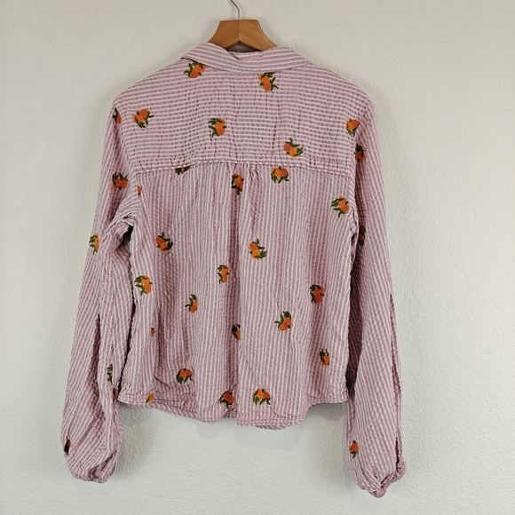 Anthropologie Maeve Embroidered Button down Shirt In Assorted Fruit Striped LG - Picture 9 of 15